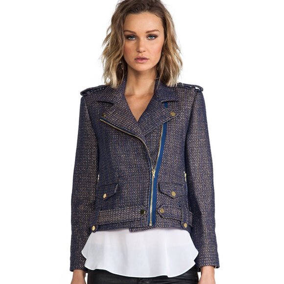 ALICE + OLIVIA Kellen Cropped Army Zip Biker Jacket BLUE / GOLD Large - Picture 1 of 12